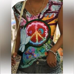 Colorful Hippie Graphic Sleeveless Tee XXL unisex